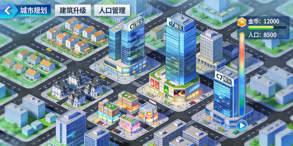 C7娱乐城市建造模拟游戏，玩家规划虚拟城市建筑与道路
