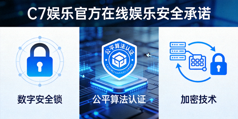 C7娱乐官方在线娱乐安全承诺，展示数字安全锁、公平算法认证标识与加密技术示意图