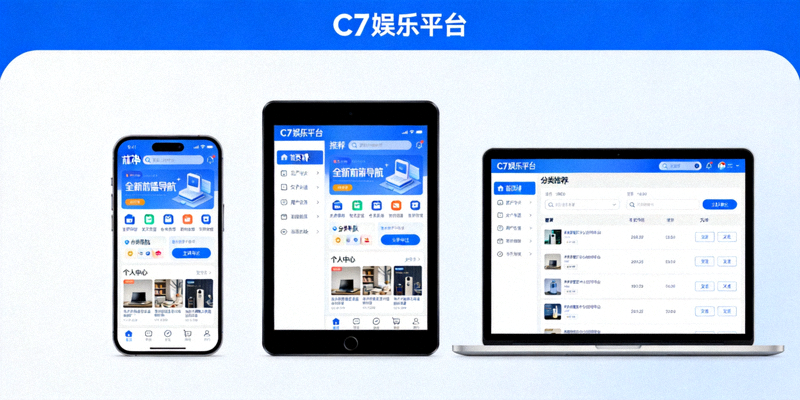 C7娱乐平台全新前端界面在不同设备上的展示效果，包括手机、平板和电脑