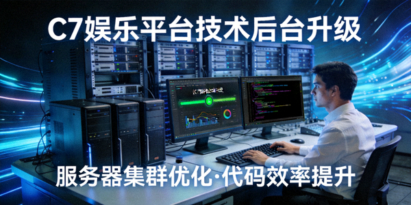 C7娱乐平台升级技术后台，展示服务器集群与代码优化过程，工程师正在监控系统
