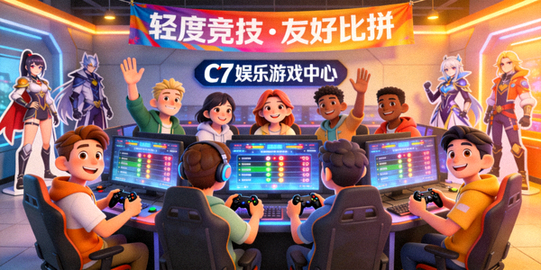 C7娱乐游戏中心轻度竞技游戏场景，玩家正在进行友好的分数比拼